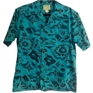 VINTAGE UI-MAIKAI Cotton Hawaiian Shirt Turquoise Gold Islands Men’s Sz Medium